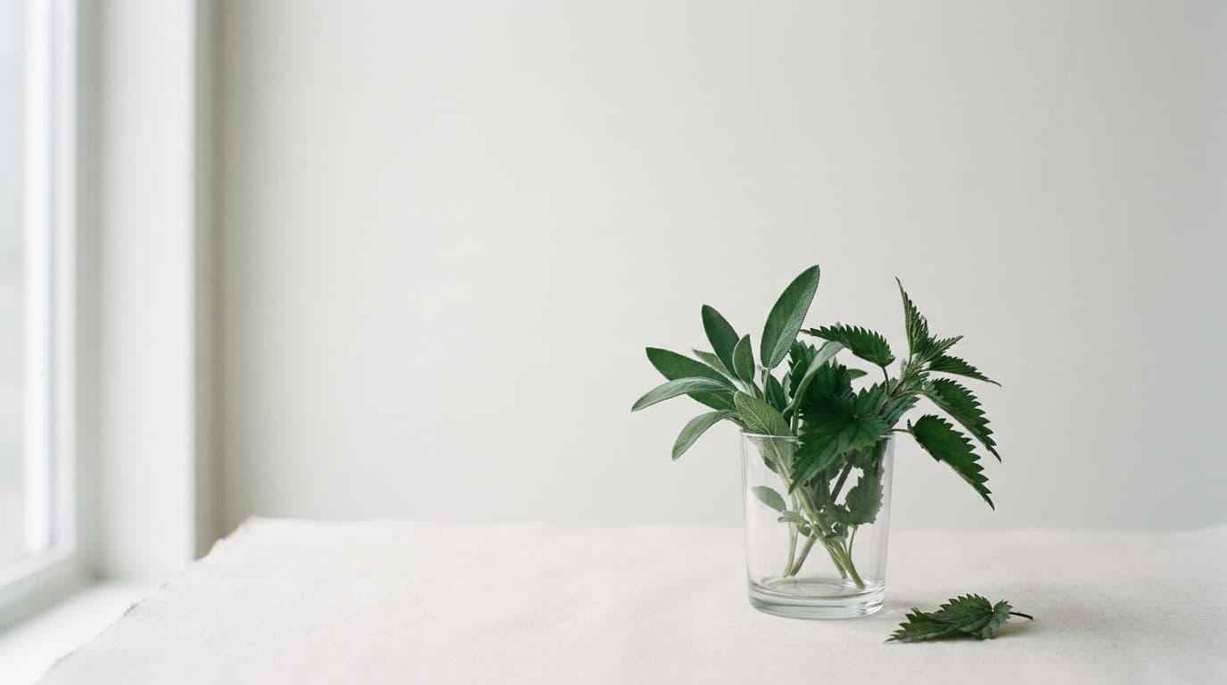 Frische Heilkräuter in einem Glas am Fenster — ruhiges, lichtdurchflutetes Praxisatelier