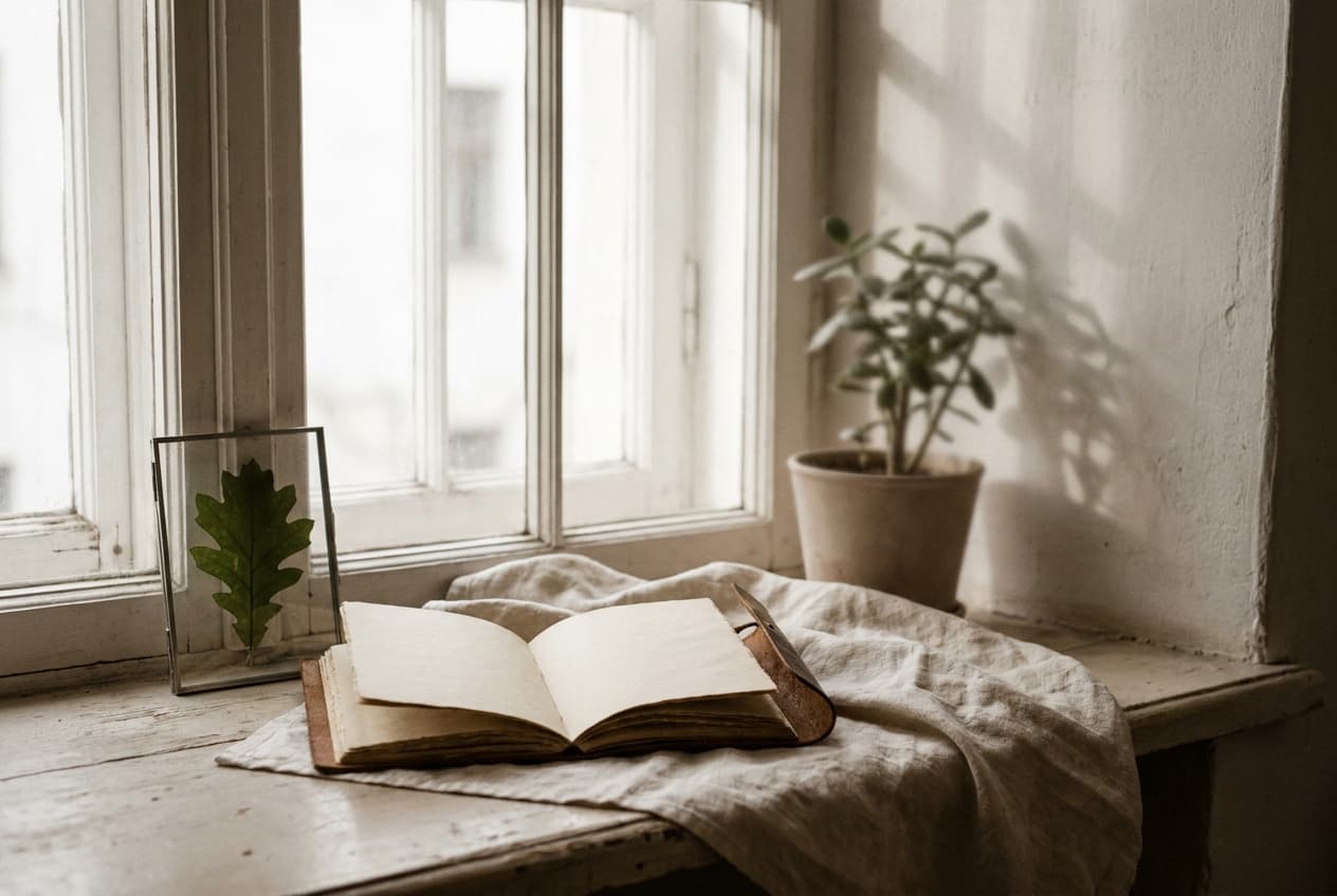 Stilles Fensterbild mit Notizbuch und gepresstem Blatt — Sinnbild für einen langen, erfahrenen Weg